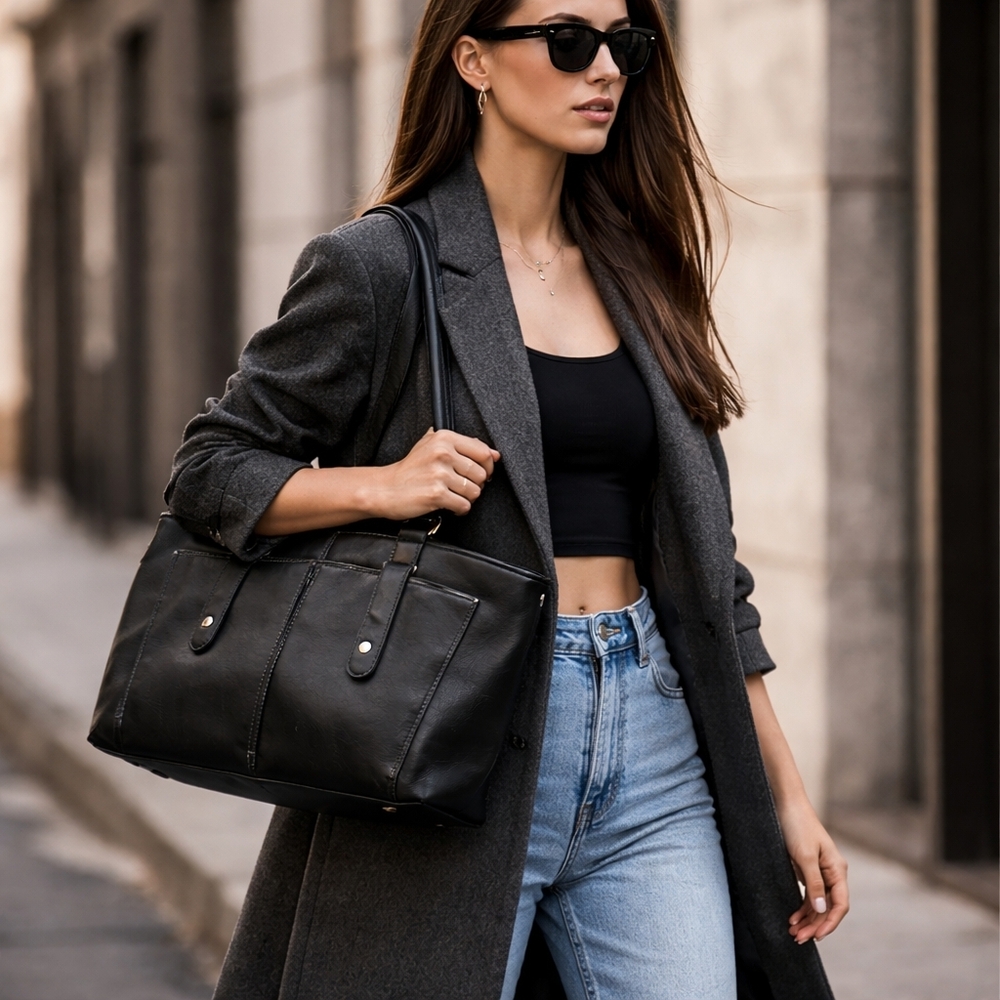 Vintage Black Leather Tote Bag